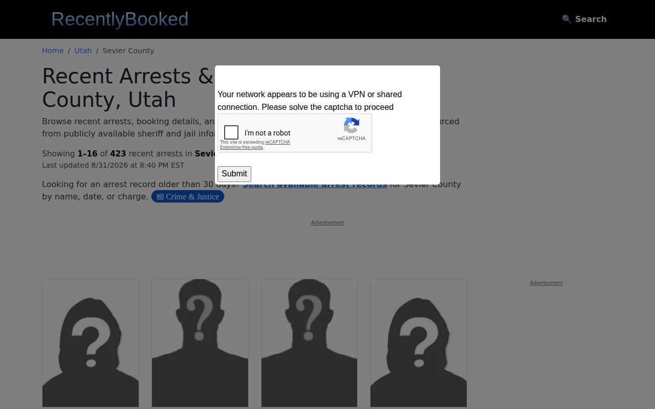 RecentlyBooked Sevier County private arrest listing context