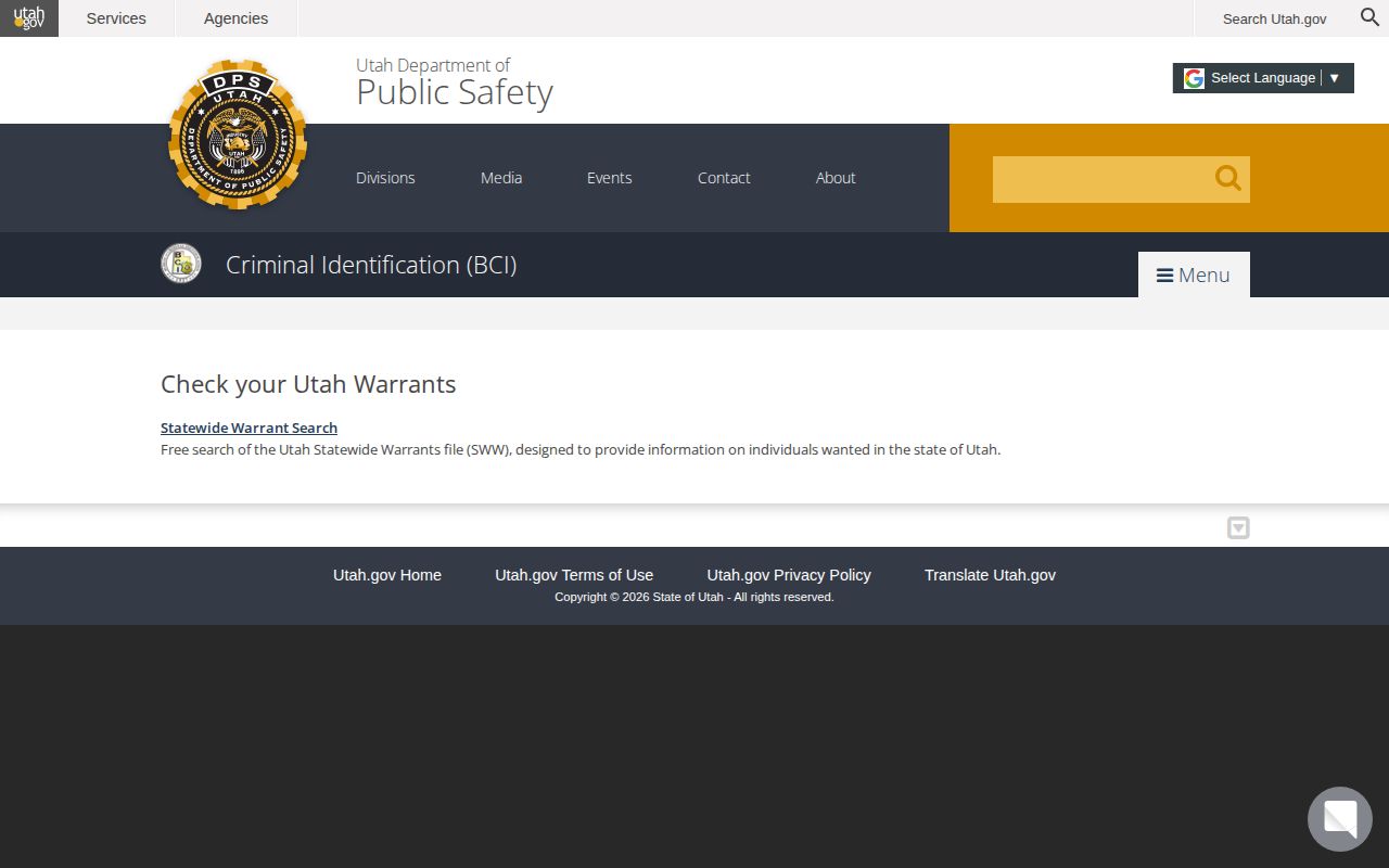 Utah BCI warrant check for Sevier County verification